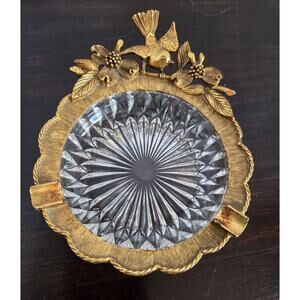 Matson Bronze Robin Dogwood Crest Crystal Ashtray Mid-Century Hollywood Regency